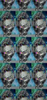 Futuristic digital mask pattern wallpaper with reflective elements