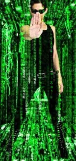 Futuristic wallpaper featuring a green matrix and central figure in digital space.