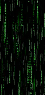 Futuristic matrix-style wallpaper with glowing green code on black background.