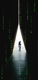 Silhouetted figure in green matrix code with a futuristic digital theme.