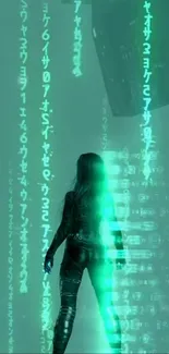 Futuristic wallpaper with a figure in green digital matrix code.