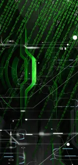 Futuristic green matrix digital wallpaper with cyber patterns.