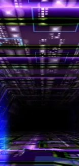 Futuristic digital tunnel with neon purple glow.