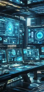 Futuristic workspace with multiple digital screens.