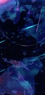 Futuristic blue and purple digital world wallpaper with glowing grid.