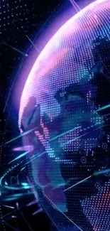 Futuristic digital world wallpaper with neon lights and cybernetic globe.