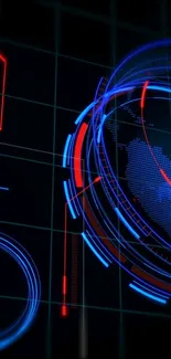 Futuristic digital world wallpaper with neon blue and red elements.