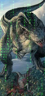 Dinosaur with green digital code on a futuristic backdrop.