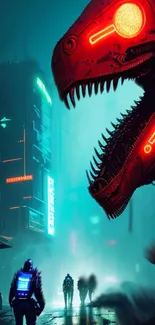 Futuristic cityscape with a neon robot dinosaur.