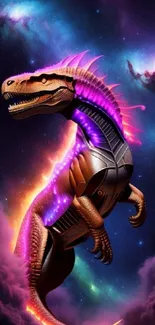 Futuristic dinosaur in colorful cosmic galaxy background.