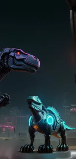 Futuristic cityscape with neon-glowing cyber dinosaurs.