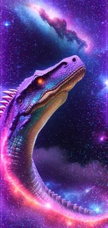 Vibrant dinosaur in a cosmic galaxy with neon highlights.