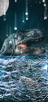 Dinosaur under stars with electric patterns and a moonlit night sky.