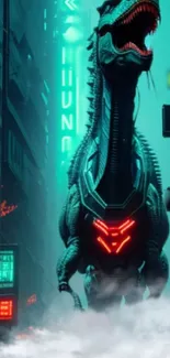 Futuristic neon-lit dinosaur in urban landscape wallpaper.