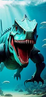 Futuristic robotic dinosaur swimming underwater with fish.