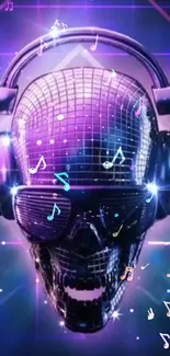 Futuristic skull with headphones in neon disco theme.