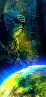 Futuristic diver observing Earth with vibrant blue and green hues.