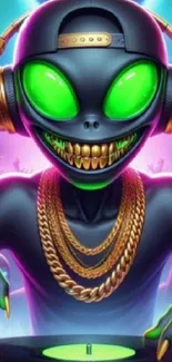 Vibrant alien DJ with neon colors and headphones.