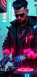 Futuristic DJ with neon lights and cyberpunk background.