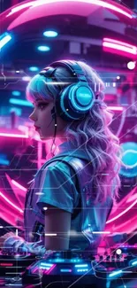 Futuristic neon DJ with headphones in cyber setting.