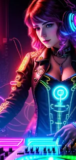 Futuristic female DJ with neon lights.