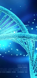 Futuristic DNA strand with binary code and blue lights in digital art wallpaper.