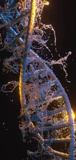 Futuristic glowing DNA strand on dark background.