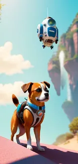 A cute dog and hovering robot in a vibrant futuristic landscape.