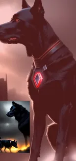 Futuristic dog hero with glowing emblem on a crimson sky background.