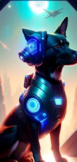 Futuristic dog with space gear against sci-fi backdrop.