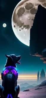 Futuristic dog in glowing gear gazing at a large moon over a mountainous landscape.