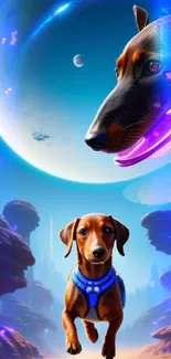 Dog exploring an alien planet with a futuristic landscape and blue sky.