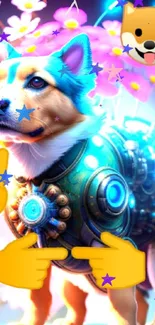 Futuristic dog with emojis and flowers in a vibrant galaxy theme.