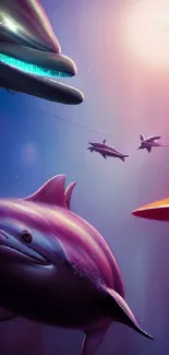 Futuristic scene featuring dolphins with purple and blue hues.