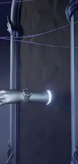 Futuristic scene with a silver hand reaching towards an elegant door.