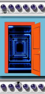 Futuristic blue neon doorway with orange frame.