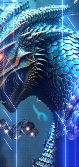 Futuristic dragon and spaceship in vibrant blue with glowing effects.