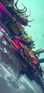 Futuristic dragon with neon colors on abstract background.