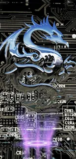 Futuristic blue dragon on circuit board wallpaper.