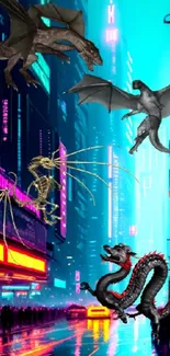 Neon-lit cityscape with flying dragons.