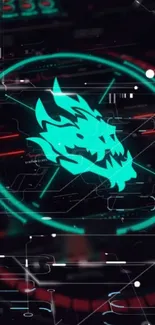 Futuristic neon teal dragon on a dark digital interface wallpaper.