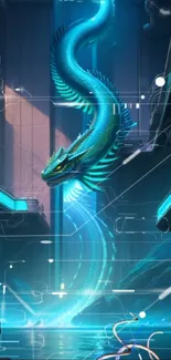 Futuristic artwork of a blue dragon in a sci-fi setting with vivid colors.