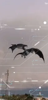 Futuristic wallpaper with a dragon flying through a digital sky.