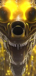 Futuristic glowing dragon art with bright yellow eyes and intricate design.