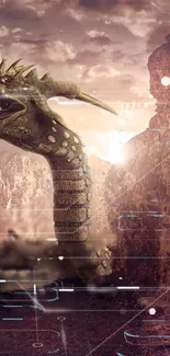 Futuristic dragon in a desert landscape with digital effects.