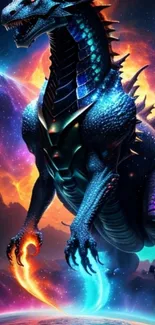 Futuristic neon dragon in cosmic space scene.
