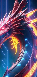 Futuristic dragon with neon colors in a digital design for mobile wallpaper.