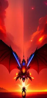 Futuristic dragon with glowing wings against a red sky on mobile wallpaper.