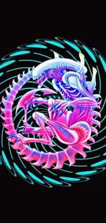 Futuristic neon dragon swirling in vibrant cyan and magenta.