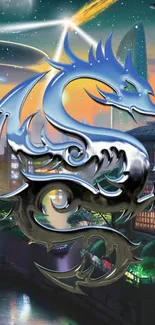 Futuristic dragon design with cityscape background.